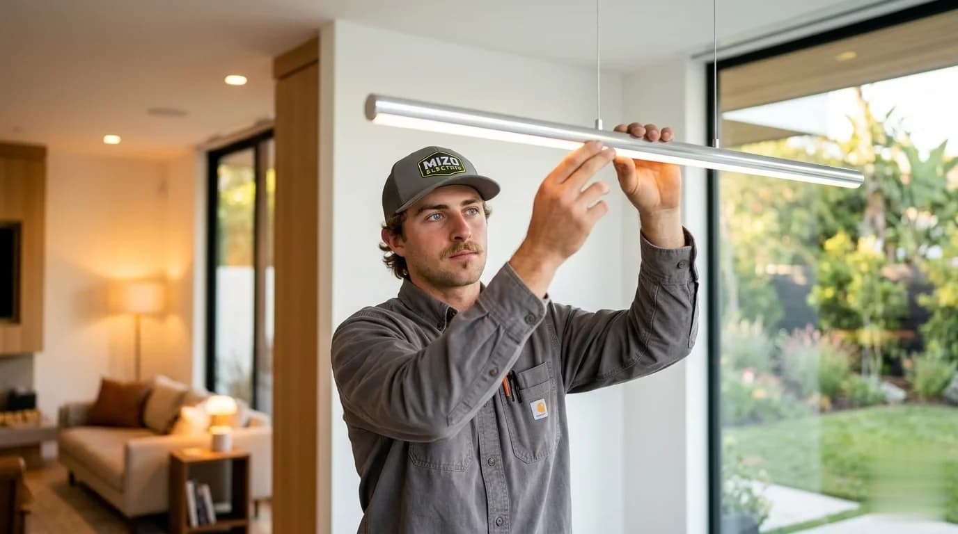 MIZO Electric technician installing modern lighting in a North County San Diego home